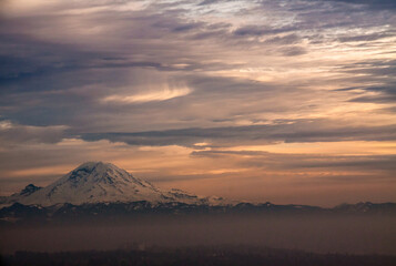 dramatic sunset in Seattle overlooking Mt Rainier.