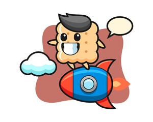Cracker mascot character riding a rocket