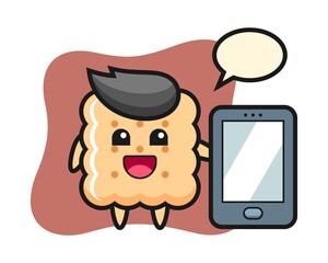 Cracker illustration cartoon holding a smartphone