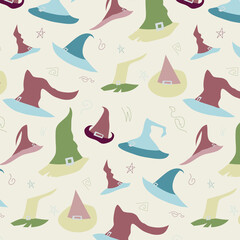 Pattern with colorful witch's hats with ribbons and buckles in handdrawn style on light green background.