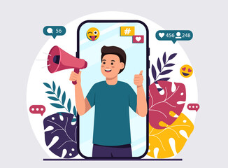 Male video blogger making announcements with a megaphone. Male blogger, healthy lifestyle, proper nutrition, weight loss. Vector illustration in flat style.