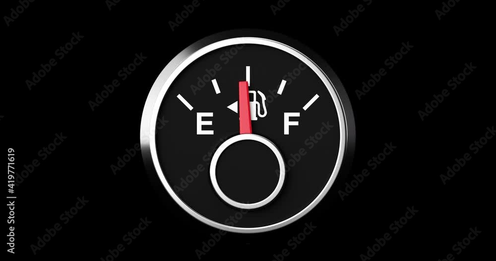 Poster 4k Resolution Video: Fuel Dashboard Gauge Arrow Showing from Full to Empty Tank on a black background with alpha matte