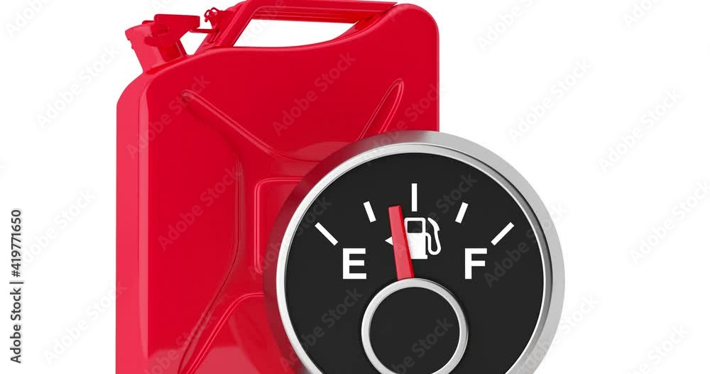 Aufkleber 4k Resolution Video: Fuel Dashboard Gauge Arrow Showing from Full to Empty Tank in front of Red Metal Jerrycan on a white background with alpha matte