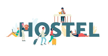 Obraz premium Banner for hostel with big word and tourists flat vector illustration isolated.