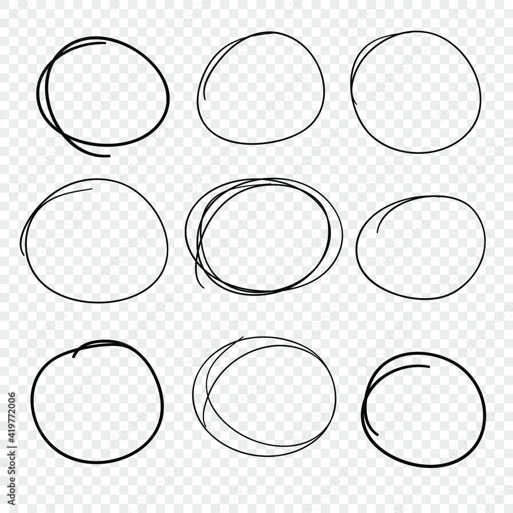 Poster hand drawn set of objects for design use. black vector doodle circles on transparent background. abs