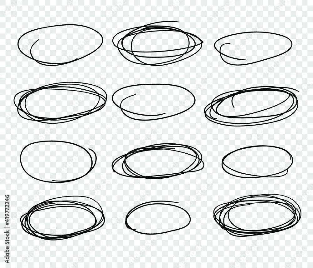 Poster hand drawn set of objects for design use. black vector doodle ellipses on transparent background. ab