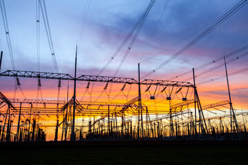 substations and high-voltage pylons in the evening