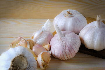 Garlic, spices for cooking are placed in the kitchen.