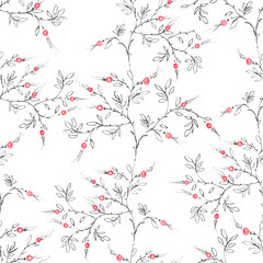 graphic drawing of a rosehip tree on a white background, drawn seamless pattern of branches with red fruits and leaves, pencil strokes