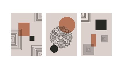 Set of abstract contemporary with geometric shapes. Design for wallpaper, background, wall decor, cover, print, card, branding. Modern boho minimalist art. Vector 