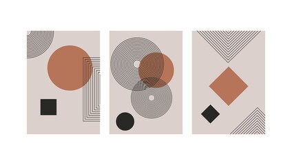 Set of abstract contemporary with geometric shapes. Design for wallpaper, background, wall decor, cover, print, card, branding. Modern boho minimalist art. Vector 