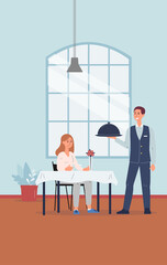 Restaurant staff waiter serving female client a vector flat illustration