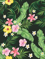 Selbstklebende Fototapeten Tropical vector seamless background. Jungle pattern with exitic flowers, and palm leaves. Stock vector. Jungle vector vintage wallpaper © Logunova  Elena