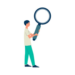 Man holding big magnifying glass - cartoon boy with looking glass