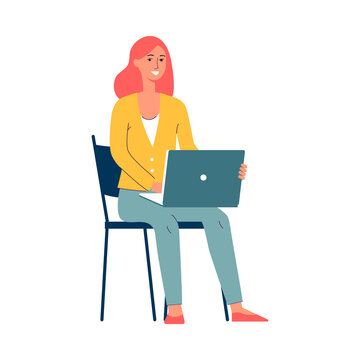 Business woman working on laptop computer flat vector illustration isolated.