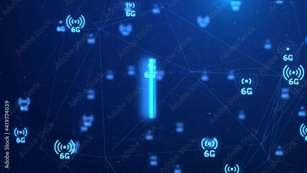 Poster 4k 6g mobile communications, data transmission and digital wireless network cyber. 6g symbols loop a