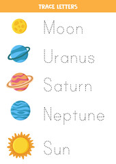 Tracing letters with solar system planets. Writing practice.