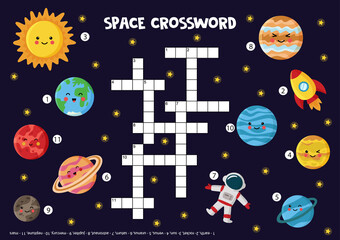 Space crossword for kids with solar system planets, sun, rocket.