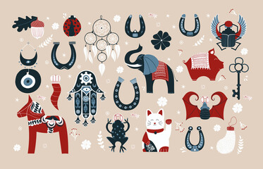 Set of lucky charms, symbols, amulets, talismans. Good fortune symbols clipart. Symbols of good luck, prosperity and success. Horseshoe, clover, Maneki Neko, dala horse, evil eye, dreamcatcher