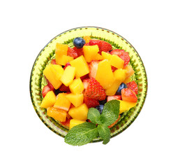 Fototapeta na wymiar Bowl with tropical fruit salad on white background