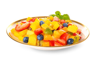Plate with tropical fruit salad on white background