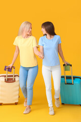 Couple of lesbian tourists on color background