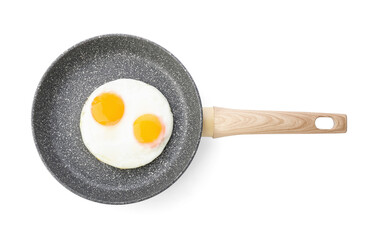 Frying pan with tasty eggs on white background