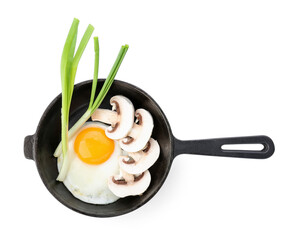 Frying pan with tasty egg, mushrooms and onion on white background