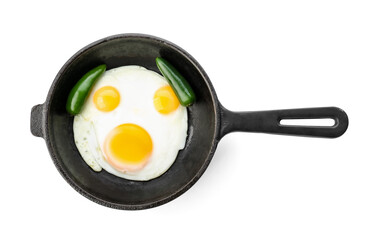 Frying pan with tasty eggs and pepper on white background