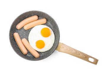 Frying pan with tasty eggs and sausages on white background