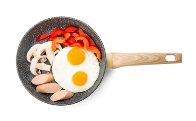 Frying pan with tasty eggs, mushrooms, sausages and pepper on white background