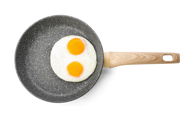 Frying pan with tasty eggs on white background