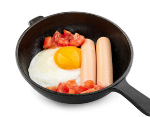 Frying pan with tasty eggs, sausages and tomatoes on white background