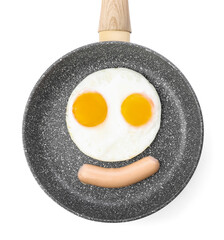 Frying pan with tasty eggs and sausage on white background