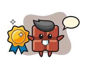 Chocolate bar mascot illustration holding a golden badge