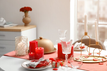Festive table setting for Valentines Day celebration at home