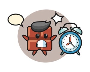 Cartoon illustration of chocolate bar is surprised with a giant alarm clock