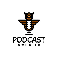 Double meaning logo which forms microphone podcast and owl bird. Abstract emblem, design concept, logo, logotype element
