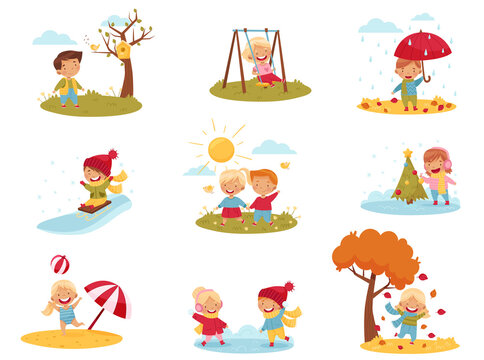 Kids Enjoying Four Seasons Playing Snowball Fight, Walking with Umbrella and Sledging Downhill Vector Set