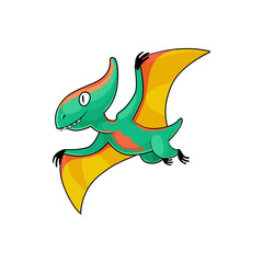 Pterodactyl isolated flying pteranodon dinosaur in cartoon style. Vector prehistoric pterosaur dino bird, flying reptile of prehistoric age. Pteranodon green pterodactyls, extinct genus of pterosaurs © Buch&Bee