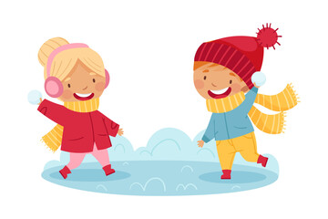Happy Boy and Girl in Scarf and Knitted Hat Playing Snowball Fight Enjoying Winter Vector Illustration
