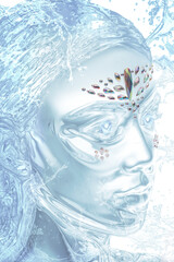 Cropped portrait shot of female face made of shiny water and decorated with silver crystal patterns on forehead and under eyes. Temporary tattoos are made as waterproof non-toxic skin stickers. 