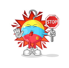 fishing bait holding stop sign. cartoon mascot vector