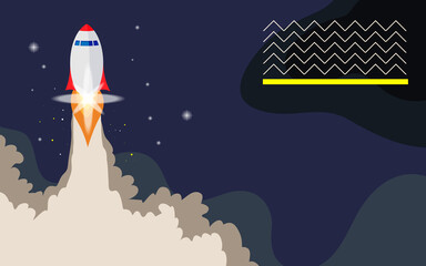 Rocket ship with space and stars on blue background. Flat icon. Vector illustration with flying shuttle. Space travel. Space rocket launch. New project start up concept. Creative idea.