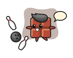 Character cartoon of chocolate bar is playing bowling