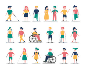 Disabled children set. Collection of kid characters with disability. Deaf, blind and handicapped boys and girls. Prosthetic arms and legs. Boy in a wheelchair, injured girl with crutches.