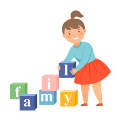 Little Girl Gathering Family Word from Toy Blocks Vector Illustration