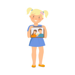 Cute Girl Holding Framed Family Portrait with Smiling Mother and Father Faces Vector Illustration