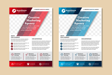 Set of abstract flyer template design with headline is creative marketing agency  use red and blue colors on element. vertical layout with white background. rectangle space for photo collage.