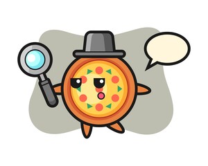 Pizza cartoon character searching with a magnifying glass